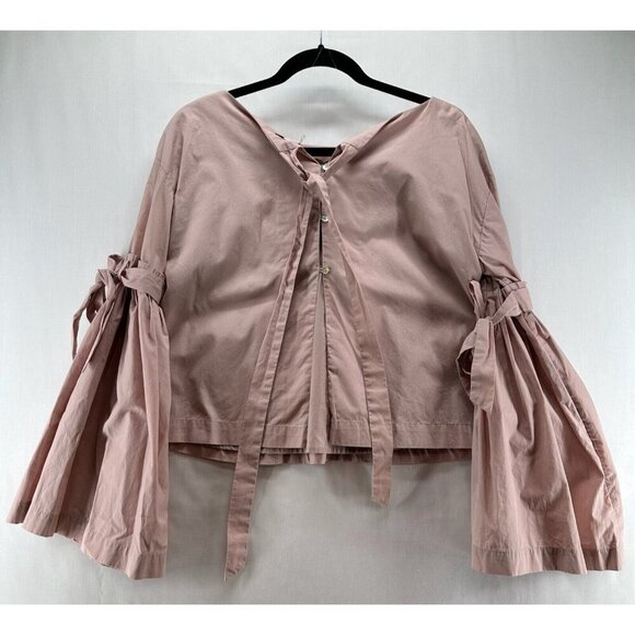 Free People Top Sz M So Obviously Yours Pleated Bow Bell Sleeve Back Button Pink - Picture 4 of 14